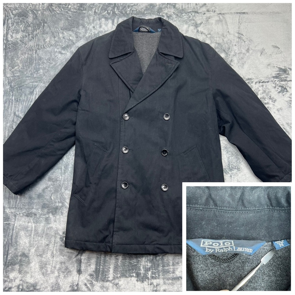 Ralph Lauren Polo Peacoat Overcoat Jacket Men's M Black Navy Style Cotton Shell